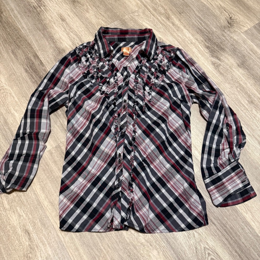 NorthCrest Classic Plaid Button Up Shirt Women Size M Ruffled Front Long Sleeve